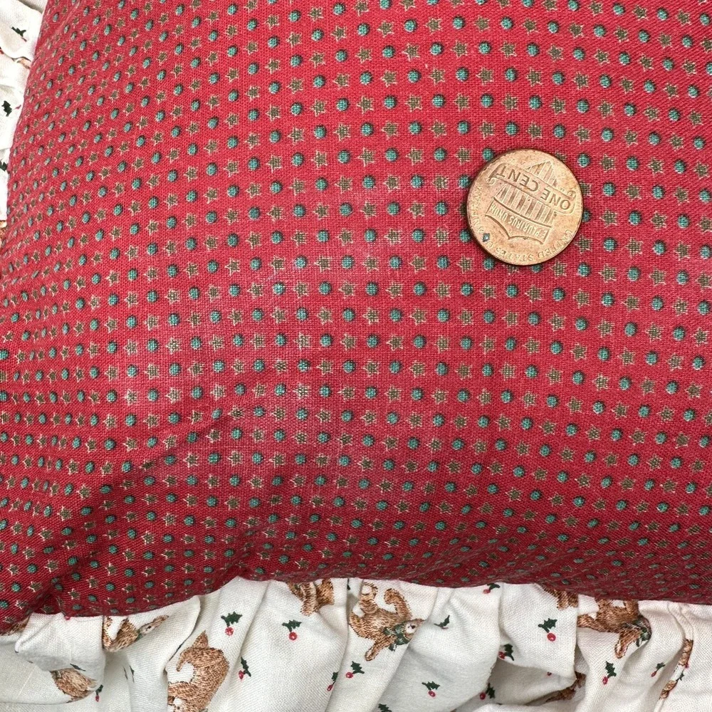 Vintage Christmas Quilted Pillow Handmade Throw Pillow Shabby Cottage Bear Red